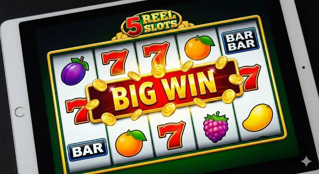Tablet screen displaying a modern 5 reel slots online casino game hitting a big win with fruit symbols.