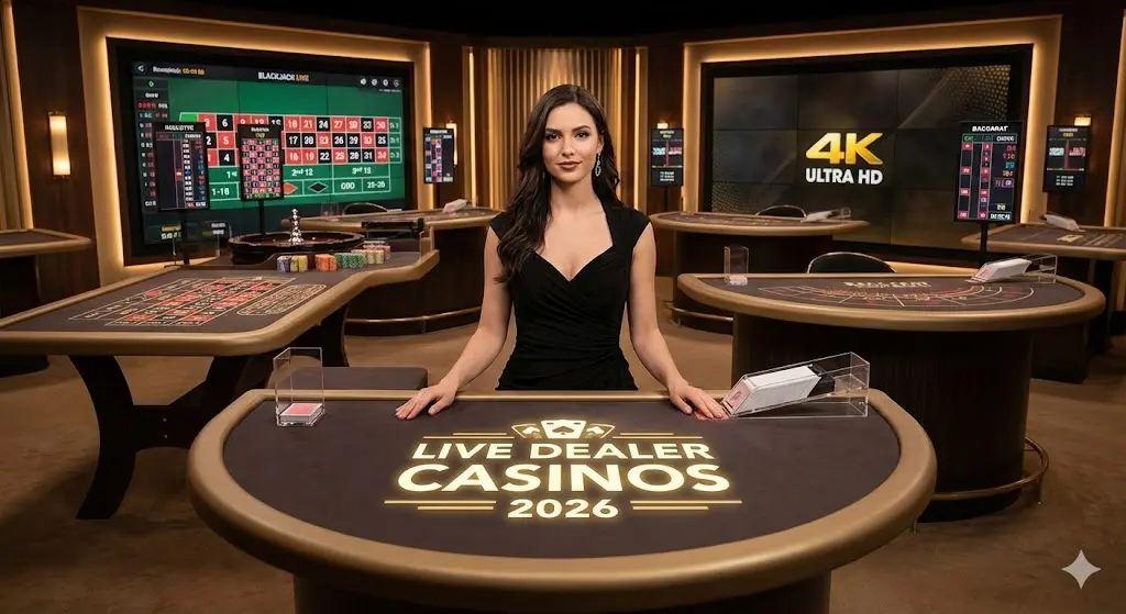 A professional female live dealer stands at a blackjack table with 'LIVE DEALER CASINOS 2026' branding in a luxury 4K Ultra HD casino studio.