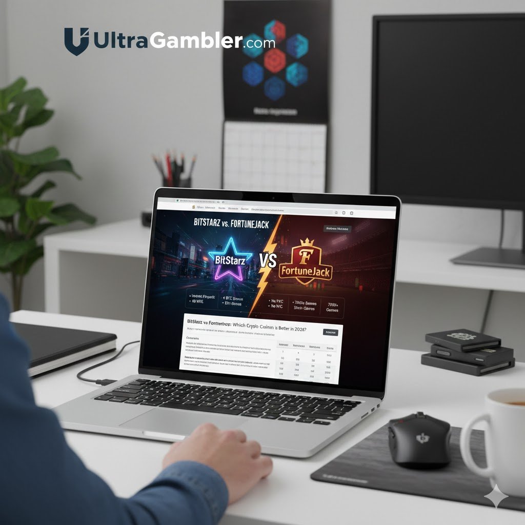 BitStarz vs FortuneJack crypto casino comparison showing 2026 welcome bonuses and game variety.