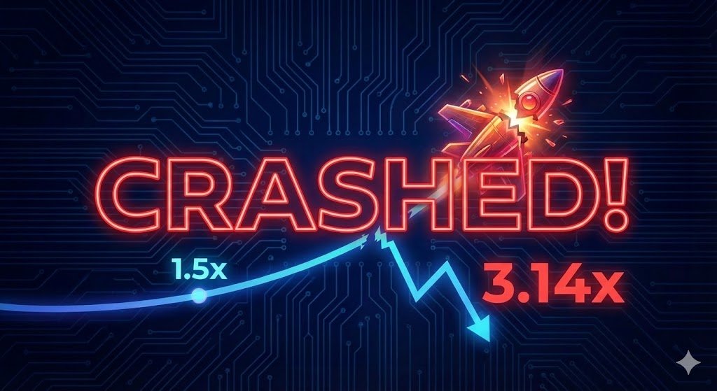 A digital graphic for a crash gambling game showing a rocket ship exploding mid-air. A blue line graph shows a rising multiplier that peaks and then drops sharply, with large neon text reading "CRASHED!" and a final multiplier value of 3.14x shown in red.