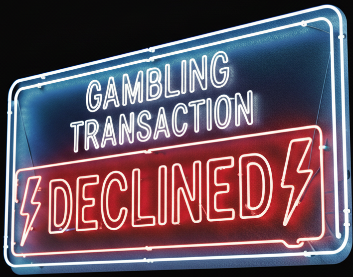A close-up digital sign with a red warning icon and the bold text 'GAMBLING TRANSACTION DECLINED' against a clean background.