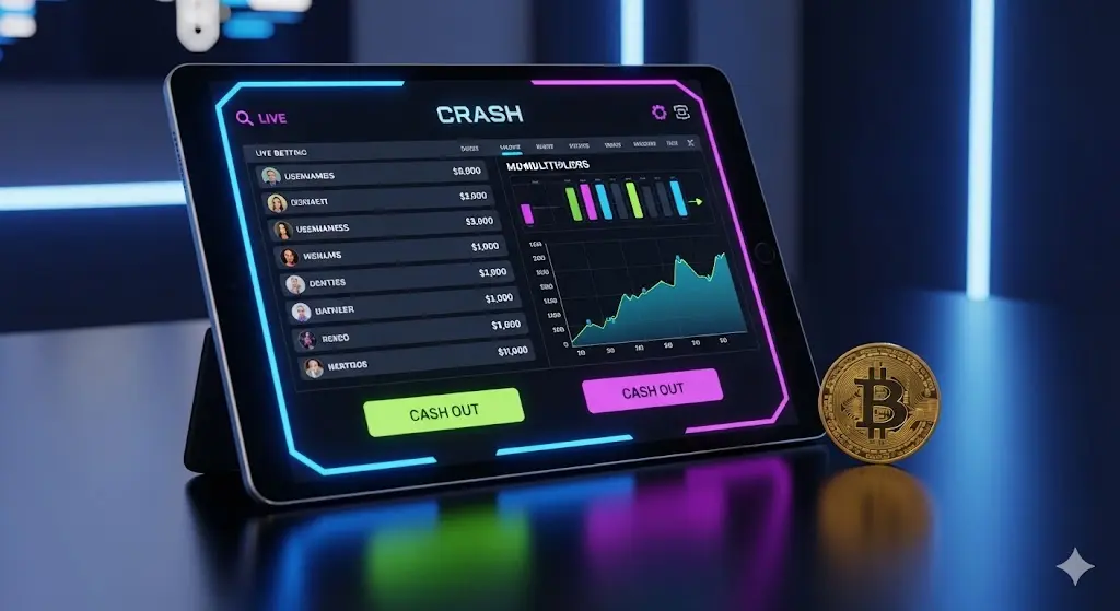 A futuristic mobile dashboard interface on a tablet showing live betting lists and crash game variants for top-rated sites