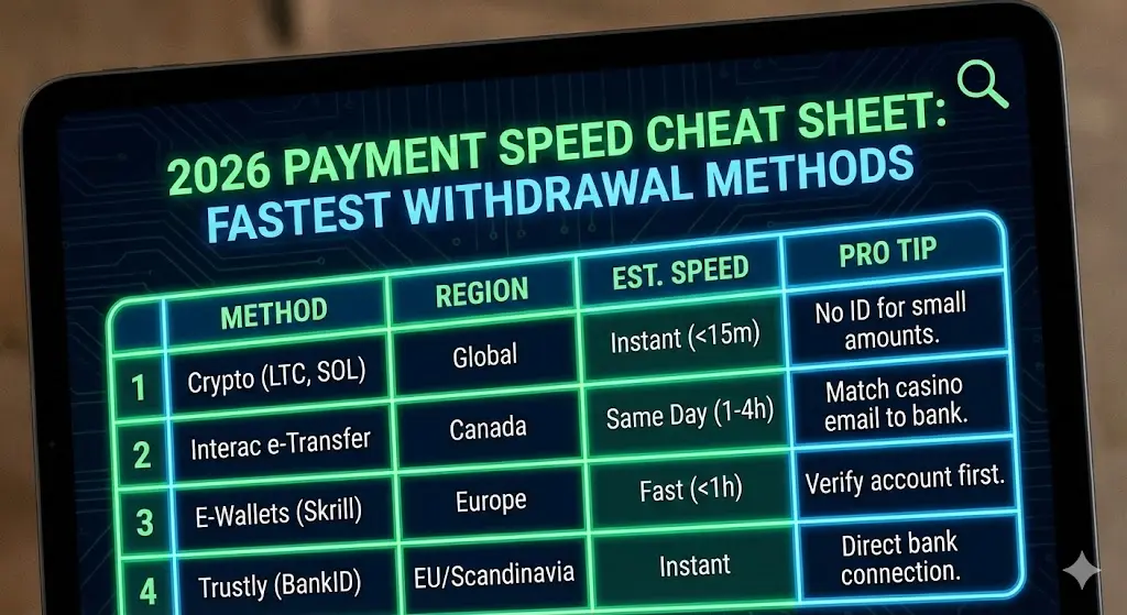 A technical comparison chart of the fastest withdrawal online casino payment methods in 2026, showing instant payout speeds for Crypto, Interac, and E-wallets at top-rated real money casinos.