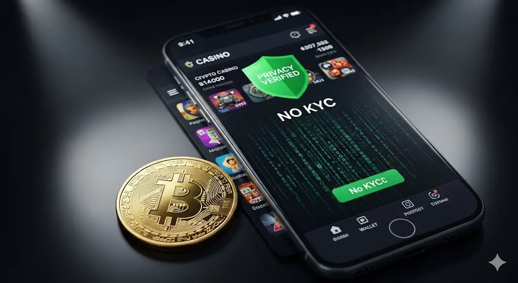 Close-up of a high-tech smartphone screen showing a secure No KYC crypto casino interface