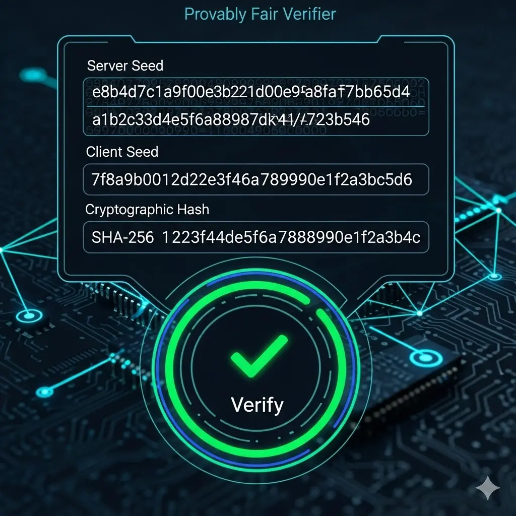Provably Fair Verifier interface showing cryptographic seeds and hashes