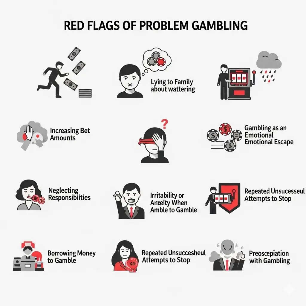 Infographic showing the red flags of problem gambling to assist in maintaining responsible gambling habits