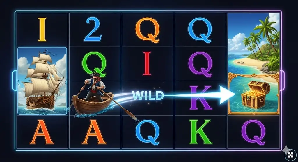 Detailed infographic explaining how to win at Sharky slot machine using the rowing pirate moving wild mechanic and treasure chest multipliers