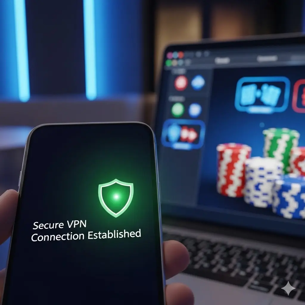 Close-up of a smartphone displaying a secure connection established message for access to a VPN friendly casino