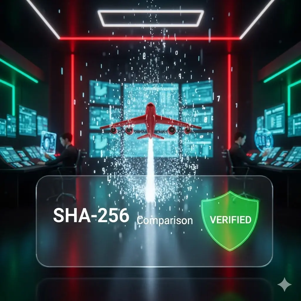 A red Aviator airplane flying through a digital field of SHA-256 hashes